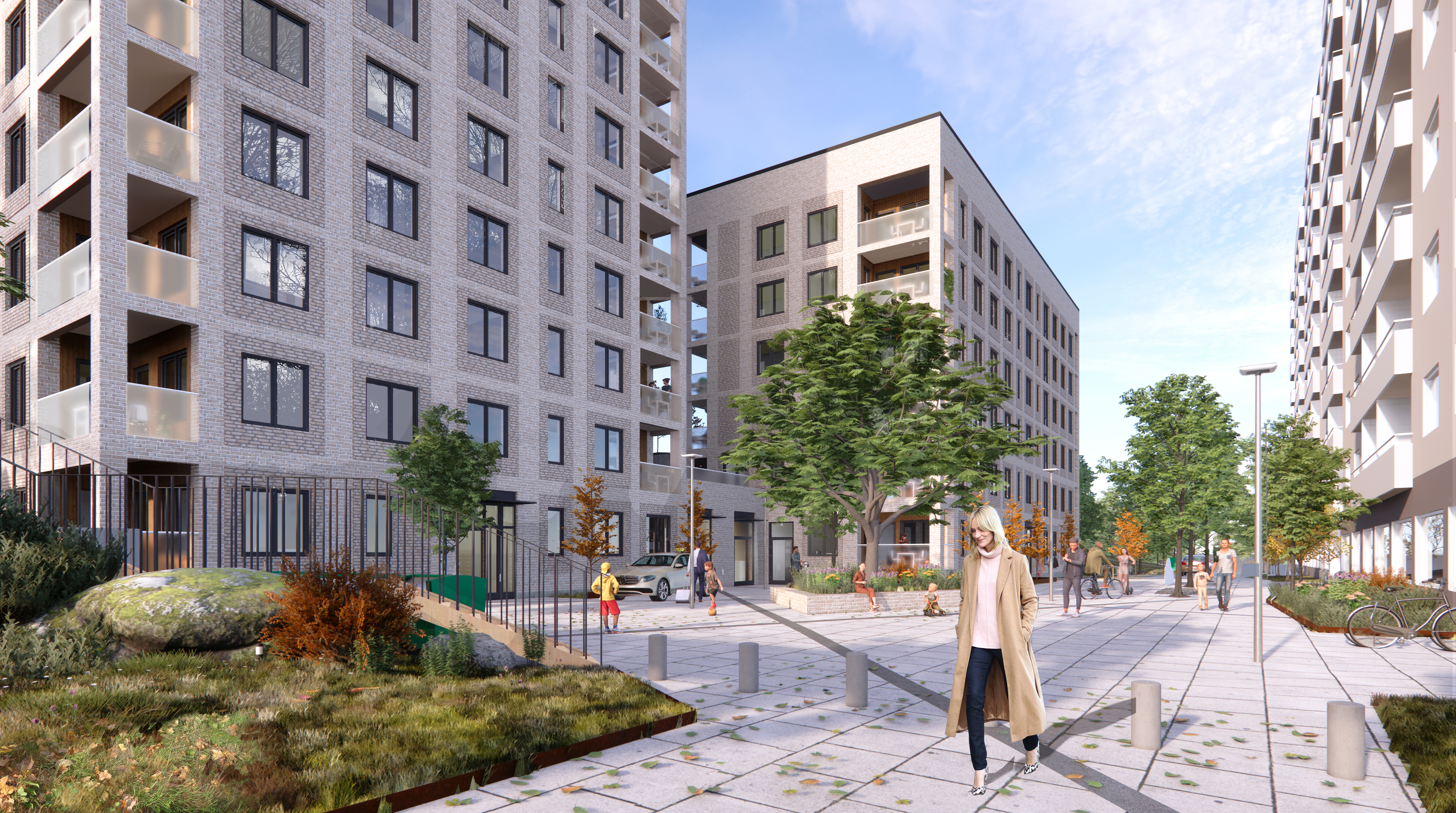 visionsbild på Albygård i Solna. Husbyggnad och entretorg.